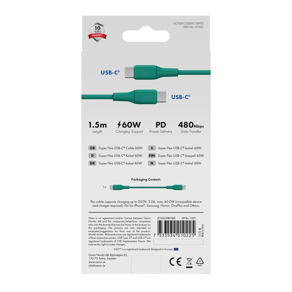 X2O Superflex 60W USB-C til USB-C Kabel - 1.5m - Grøn