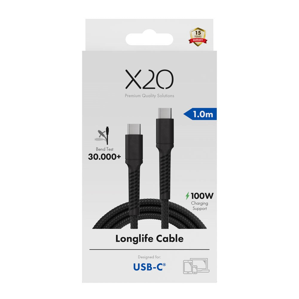 X2O Longlife 100W USB-C til USB-C Kabel - 1m - Sort