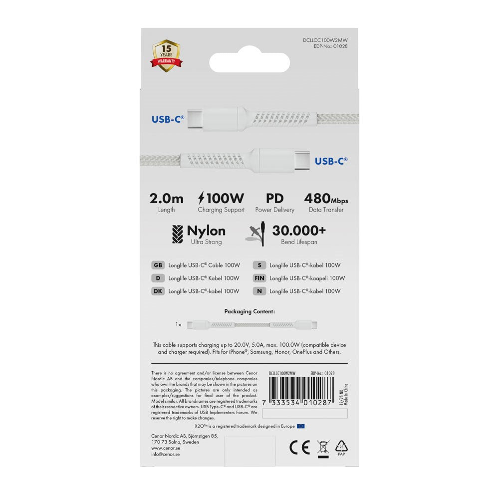X2O Longlife 100W USB-C til USB-C Kabel - 2m - Hvid