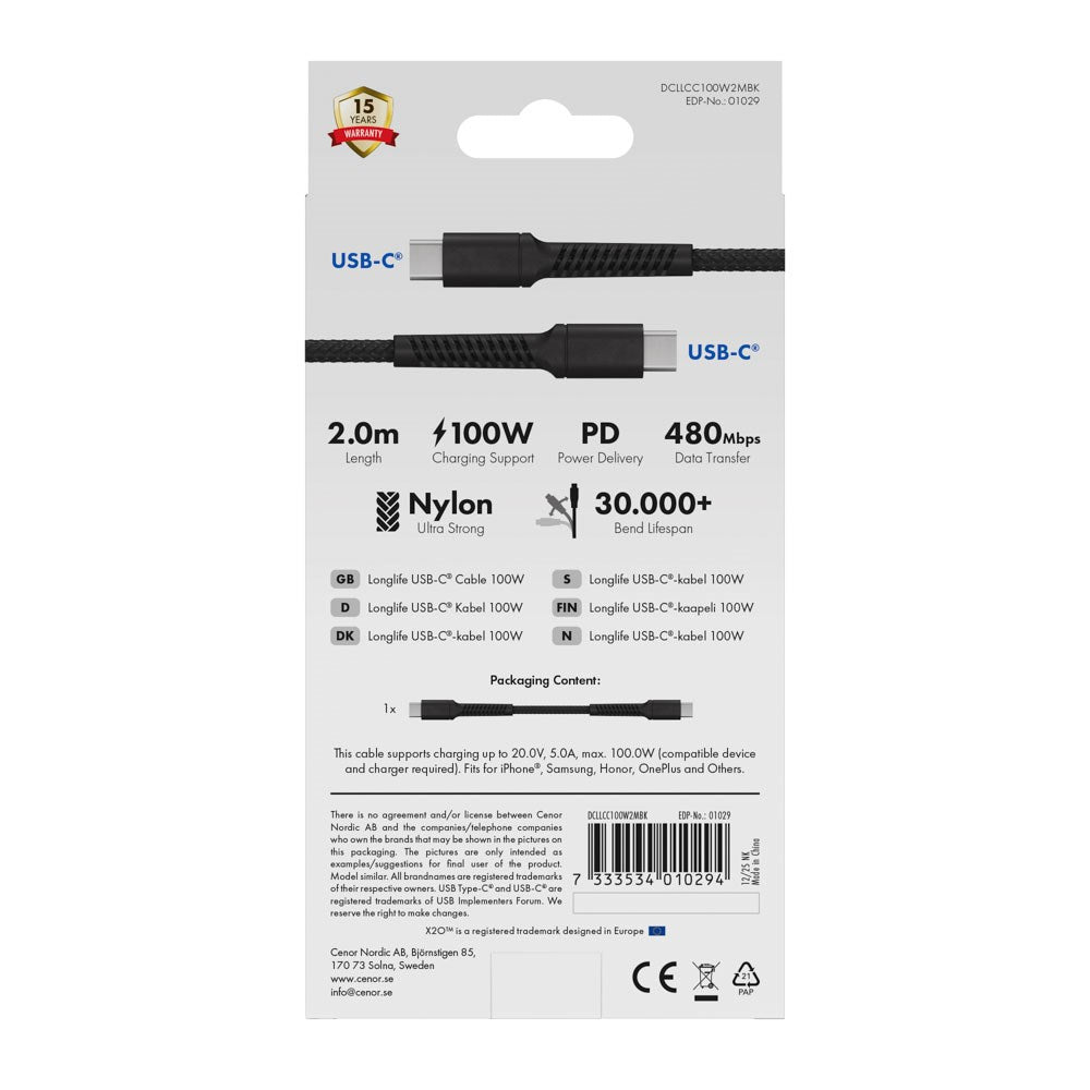 X2O Longlife 100W USB-C til USB-C Kabel - 2m - Sort