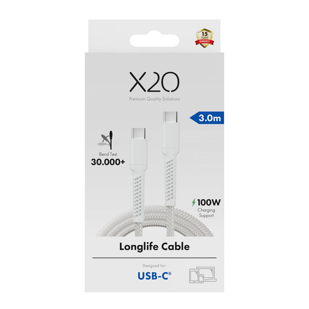 X2O Longlife 100W USB-C til USB-C Kabel - 3m - Hvid