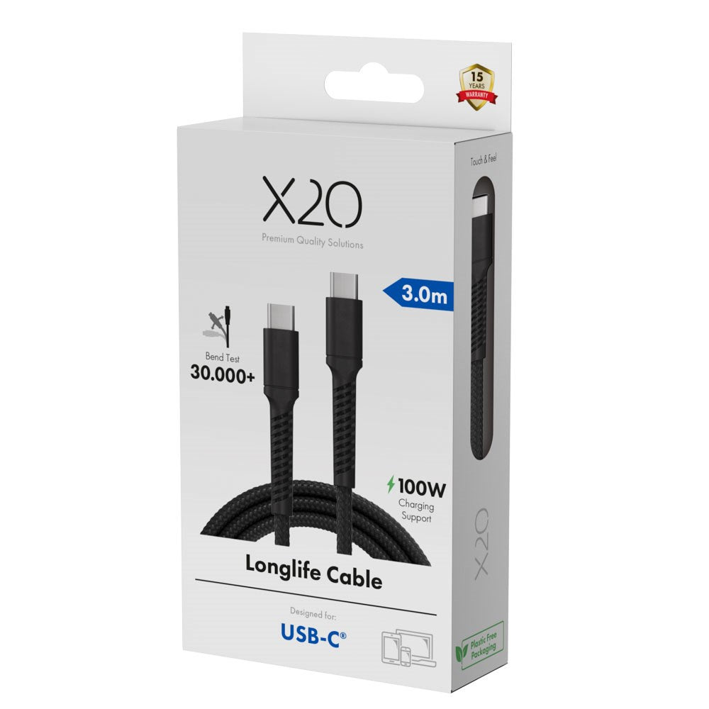 X2O Longlife 100W USB-C til USB-C Kabel - 3m - Sort