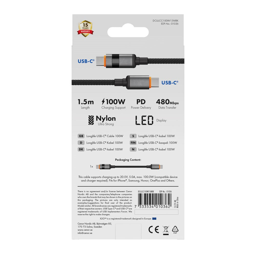 X2O Longlife 100W USB-C til USB-C Kabel m. LED Display - 1.5m - Sort