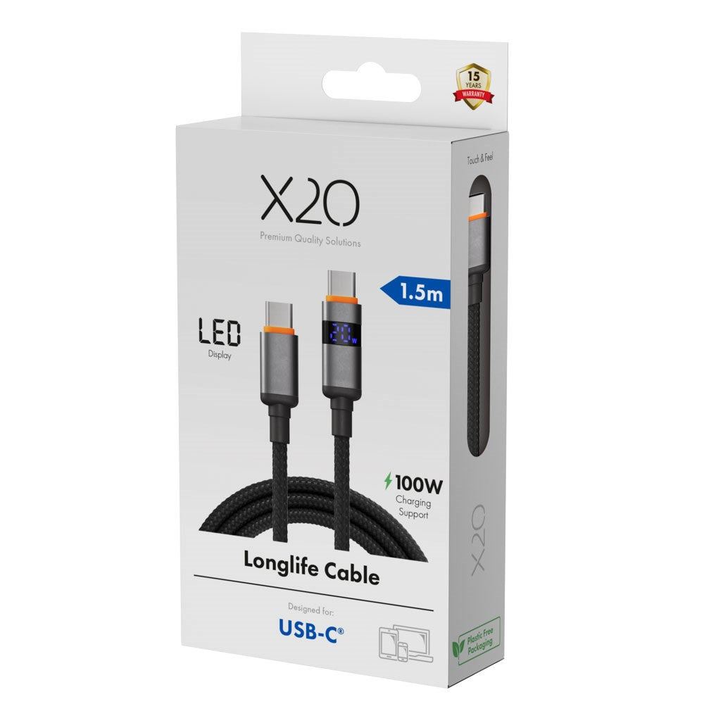 X2O Longlife 100W USB-C til USB-C Kabel m. LED Display - 1.5m - Sort