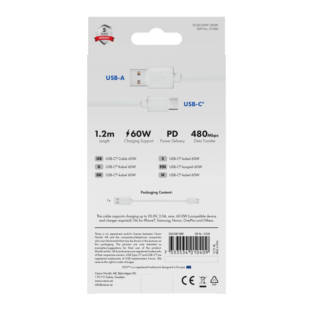 X2O Basic 60W USB-A til USB-C Kabel - 1.2m - Hvid