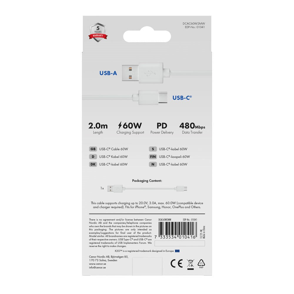 X2O Basic 60W USB-A til USB-C Kabel - 2m - Hvid