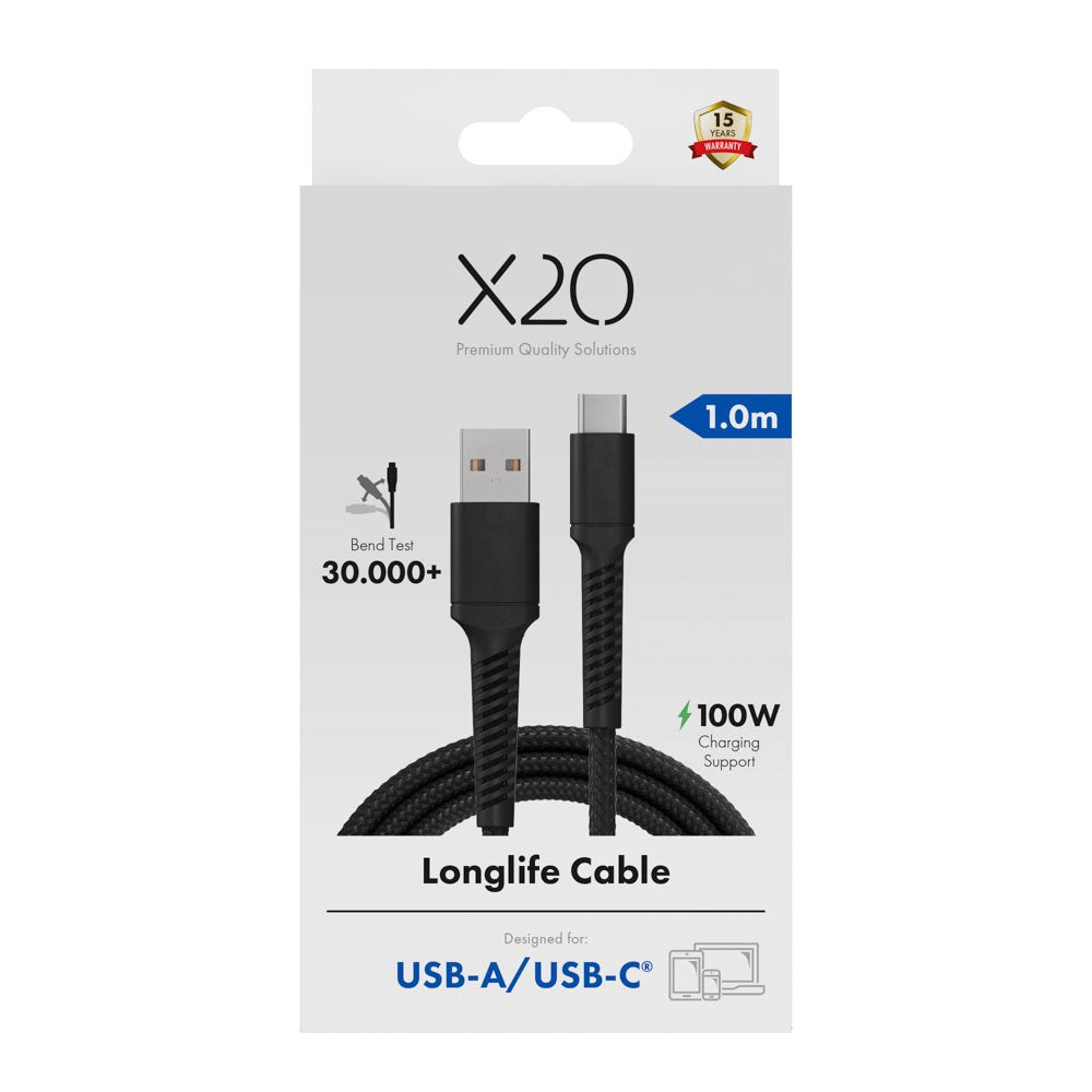 X2O Longlife 60W USB-A til USB-C Kabel - 1m - Sort