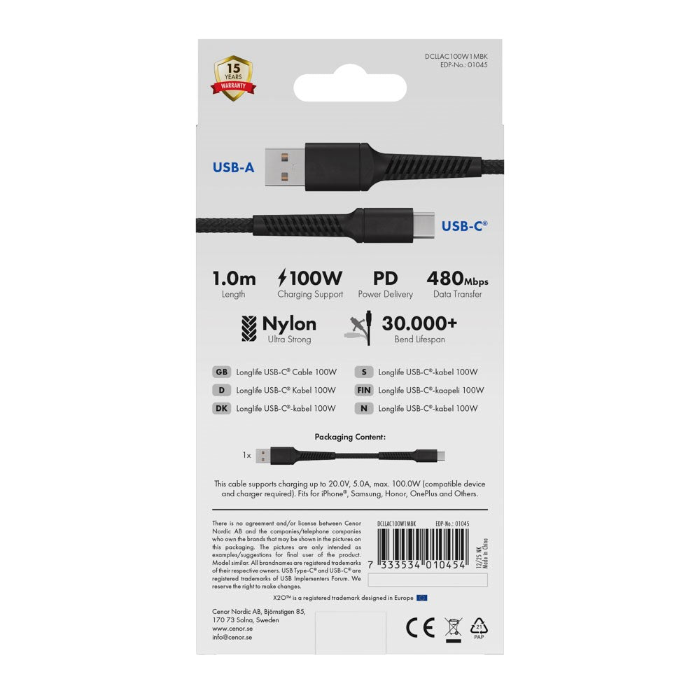 X2O Longlife 60W USB-A til USB-C Kabel - 1m - Sort