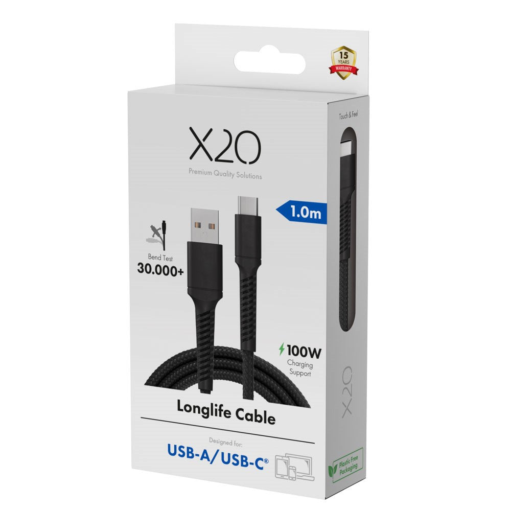 X2O Longlife 60W USB-A til USB-C Kabel - 1m - Sort