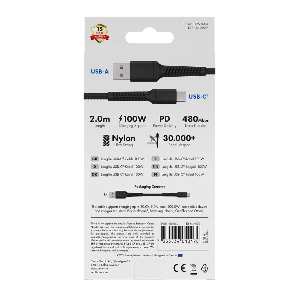 X2O Longlife 60W USB-A til USB-C Kabel - 2m - Sort