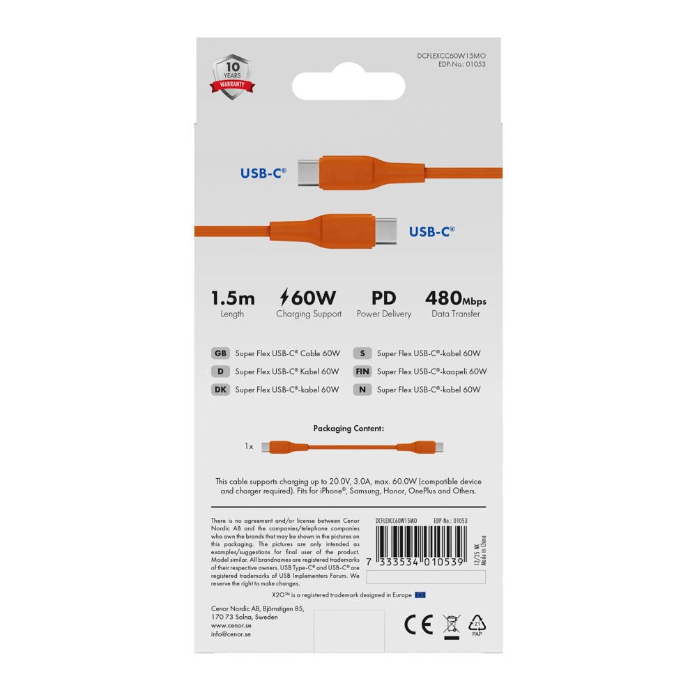 X2O Superflex 60W USB-C til USB-C Kabel - 1.5m - Orange