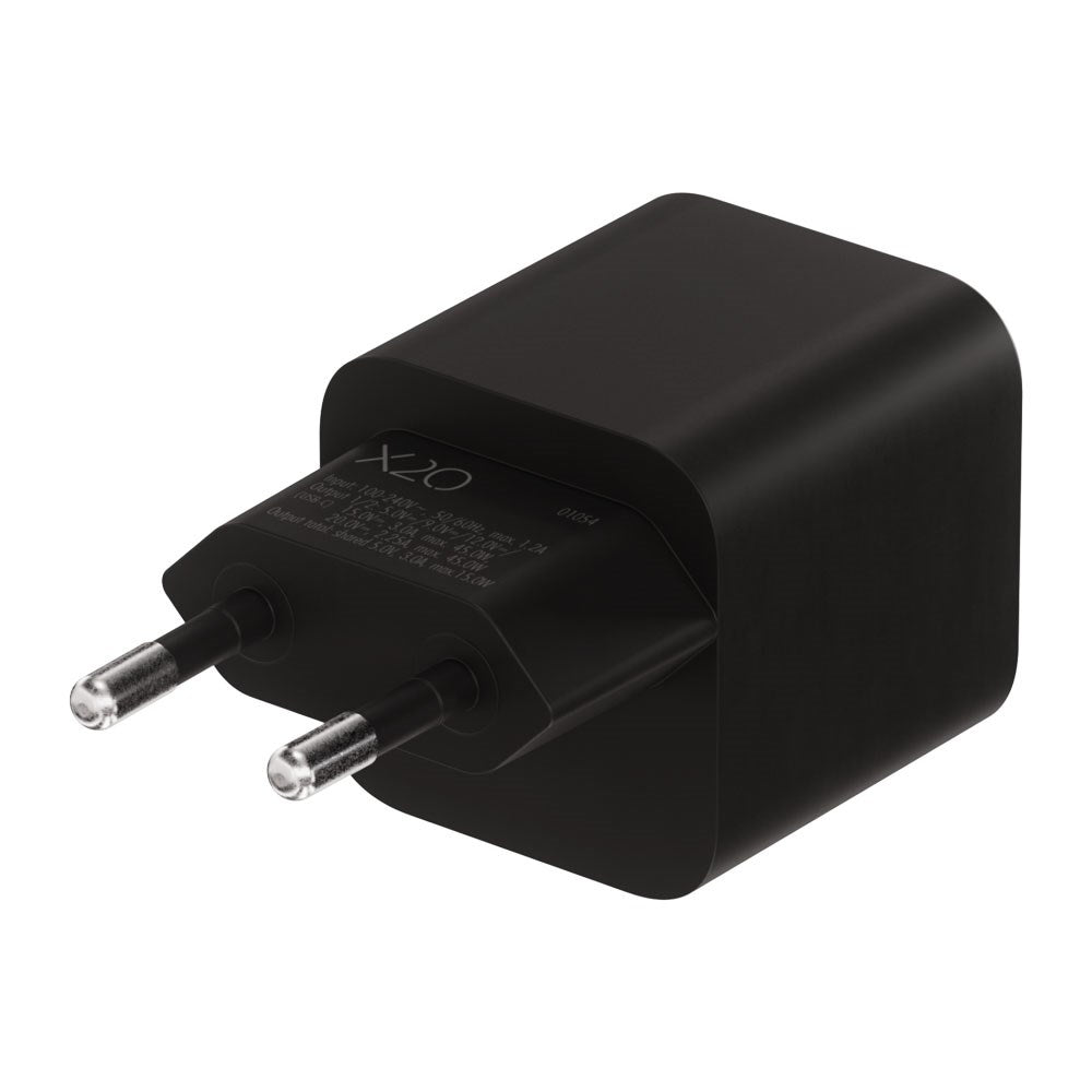 X2O 45W GaN Vægoplader m. 2x USB-C - Sort