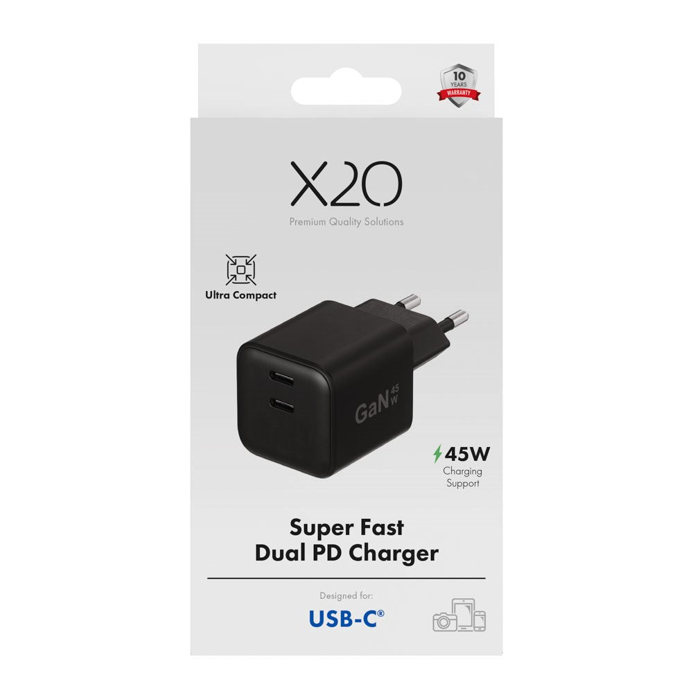 X2O 45W GaN Vægoplader m. 2x USB-C - Sort