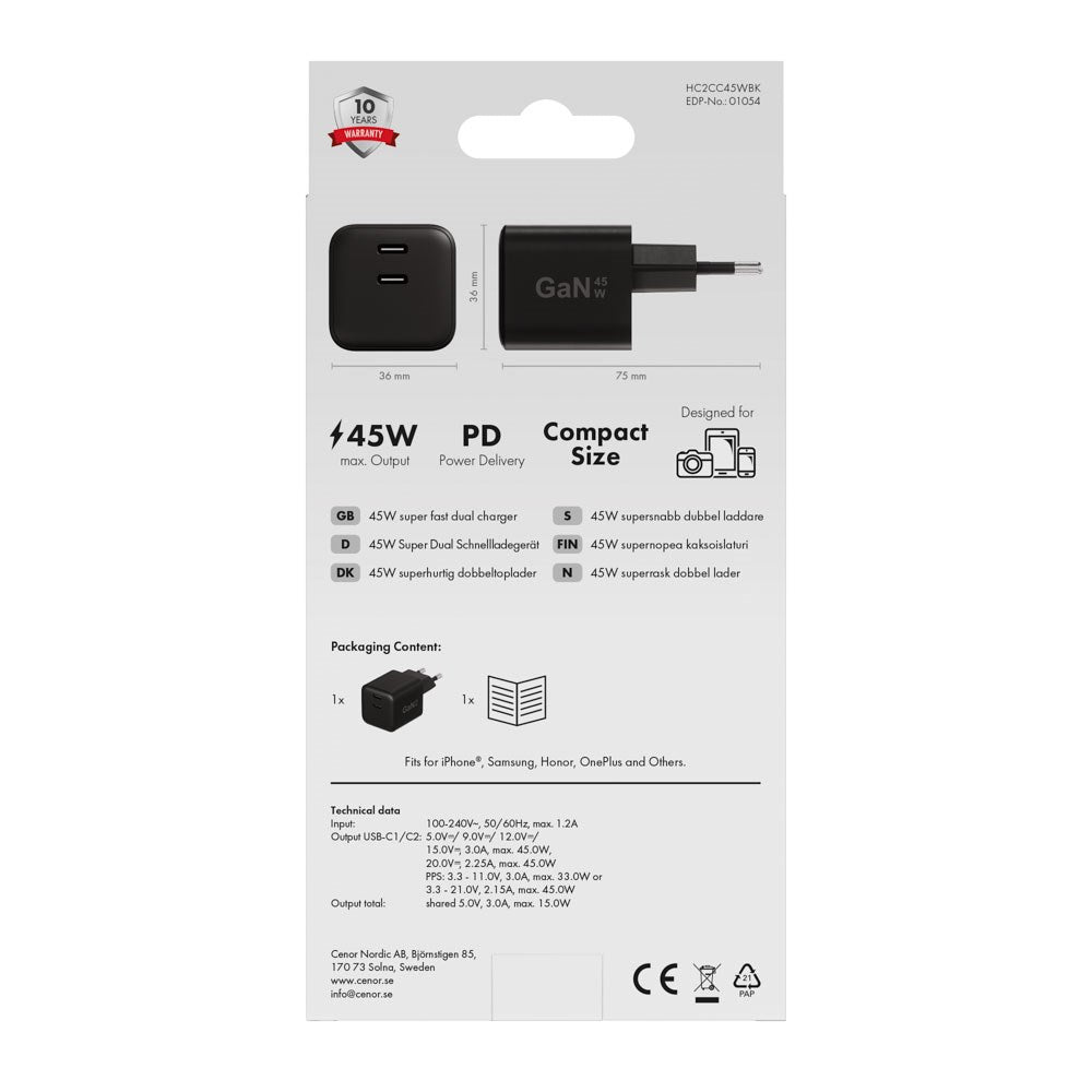 X2O 45W GaN Vægoplader m. 2x USB-C - Sort