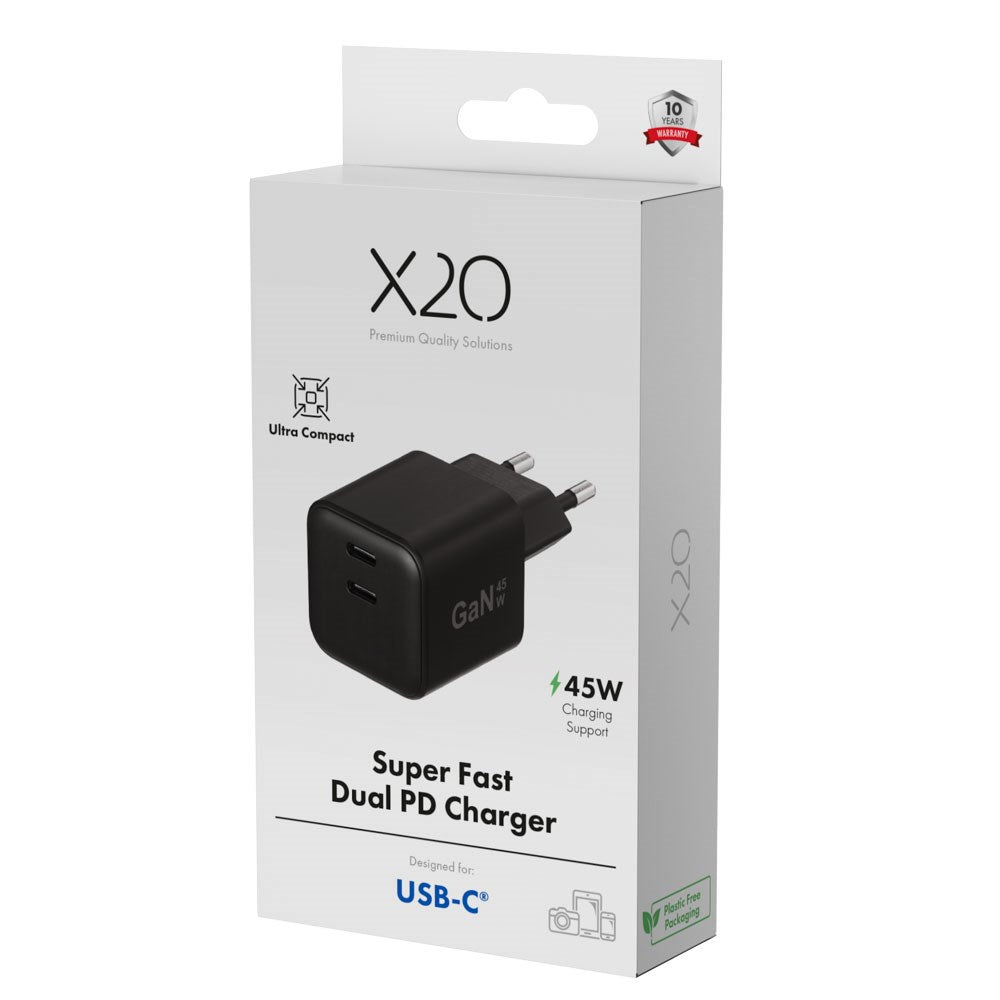X2O 45W GaN Vægoplader m. 2x USB-C - Sort