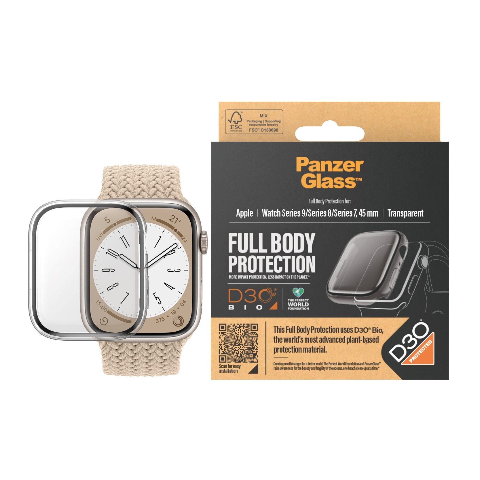 PanzerGlass Apple Watch 9/8/7 (45mm) Full Body D3O Bio Protection Cover + Indbygget Skærmbeskyttelse - Gennemsigtigt m. Sort Kant