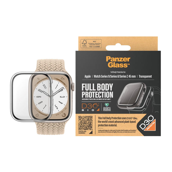PanzerGlass Apple Watch 9/8/7 (45mm) Full Body D3O Bio Protection Cover + Indbygget Skærmbeskyttelse - Gennemsigtigt m. Sort Kant