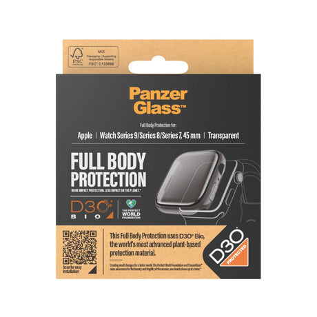PanzerGlass Apple Watch 9/8/7 (45mm) Full Body D3O Bio Protection Cover + Indbygget Skærmbeskyttelse - Gennemsigtigt m. Sort Kant