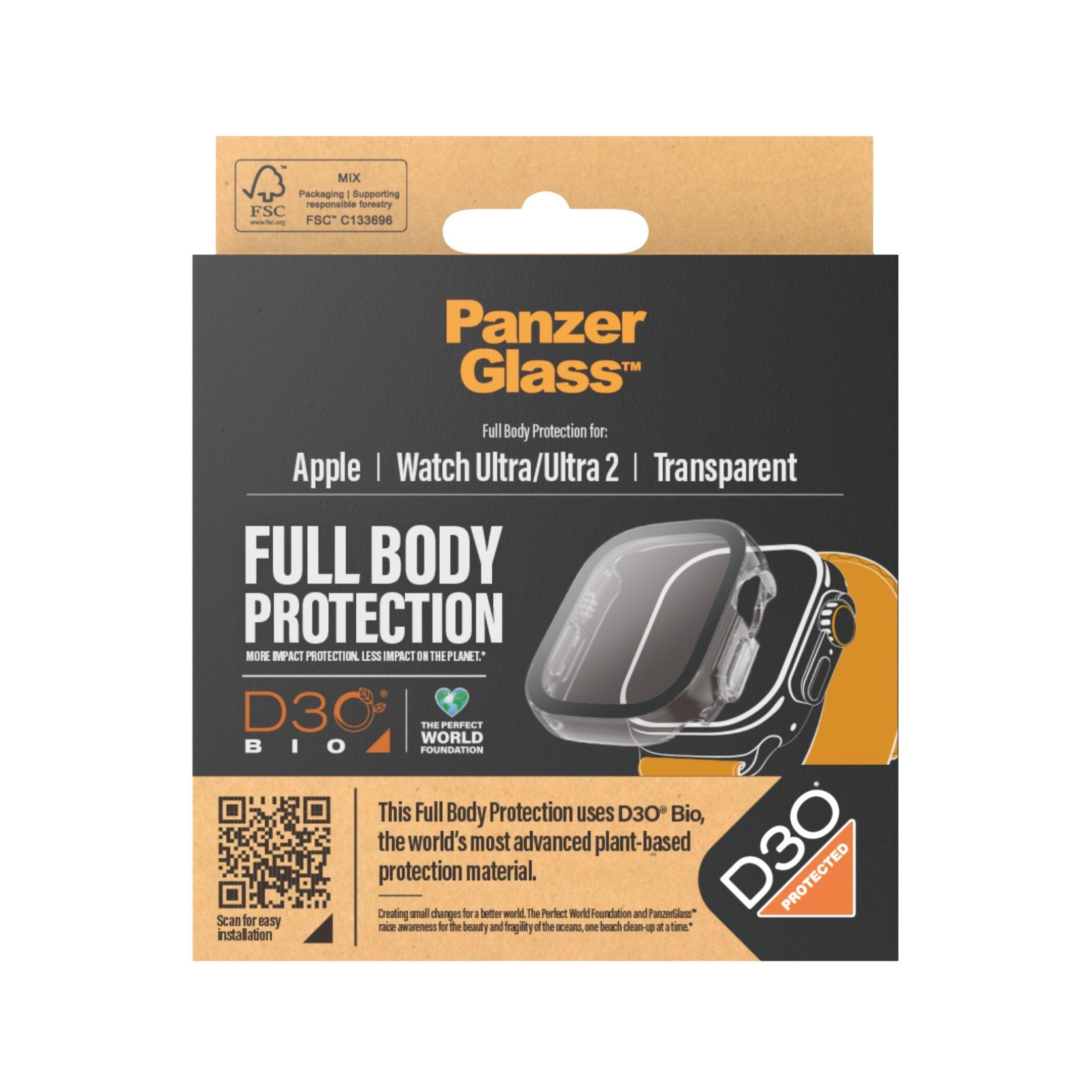 PanzerGlass Apple Watch Ultra 3/2/1 (49mm) Full Body D3O Bio Protection Cover + Indbygget Skærmbeskyttelse - Gennemsigtigt m. Sort Kant