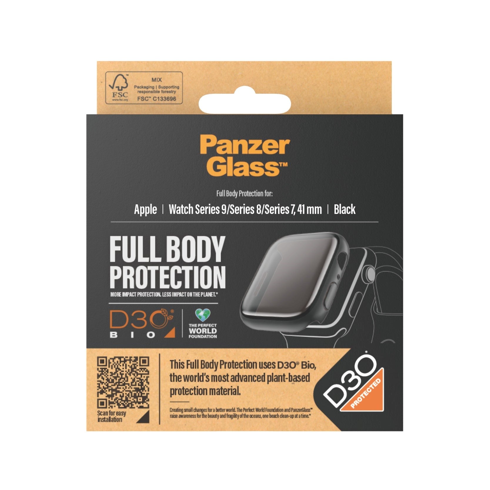 PanzerGlass Apple Watch 9/8/7 (41mm) Full Body D3O Bio Protection Cover + Indbygget Skærmbeskyttelse - Sort