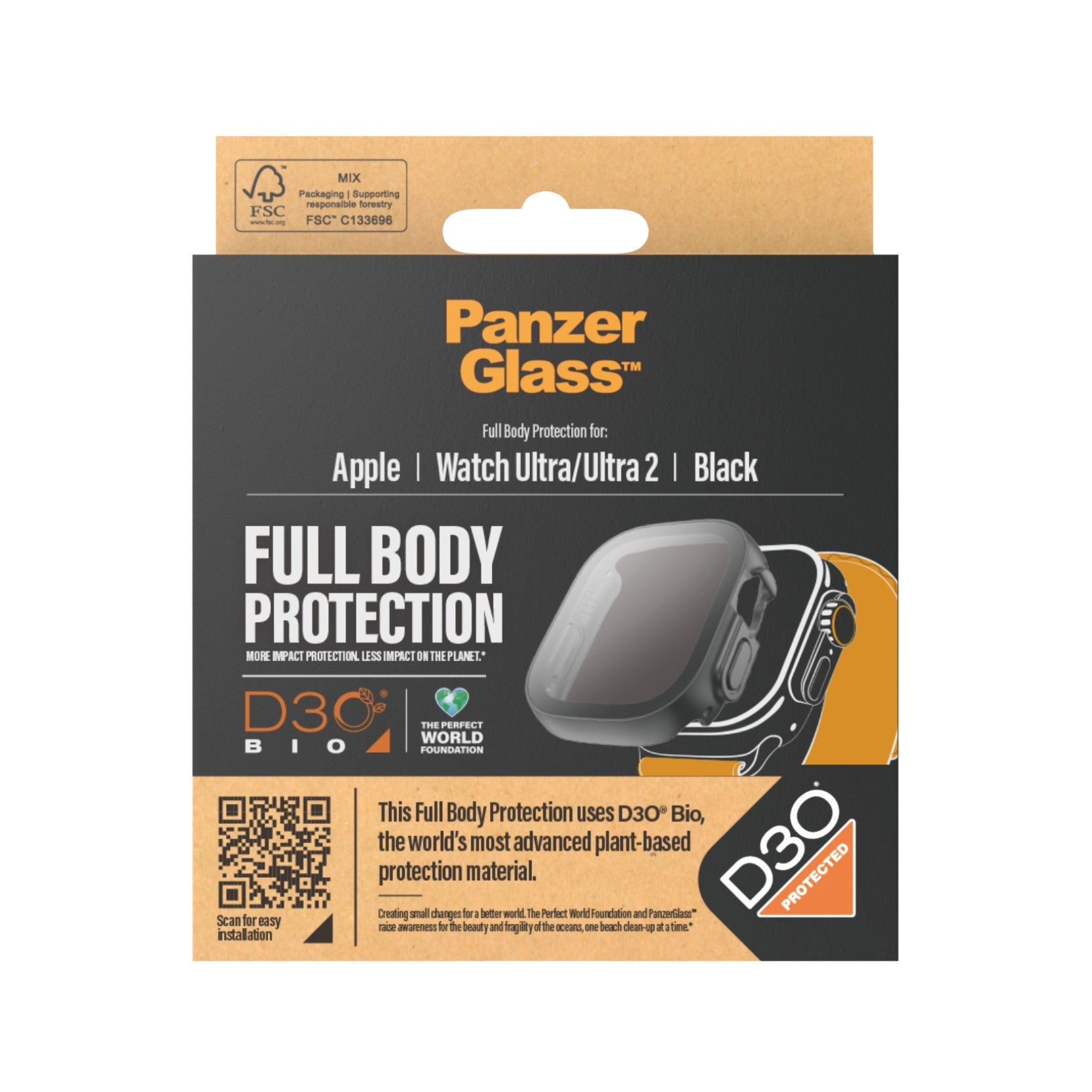 PanzerGlass Apple Watch Ultra 3/2/1 (49mm) Full Body D3O Bio Protection Cover + Indbygget Skærmbeskyttelse - Sort