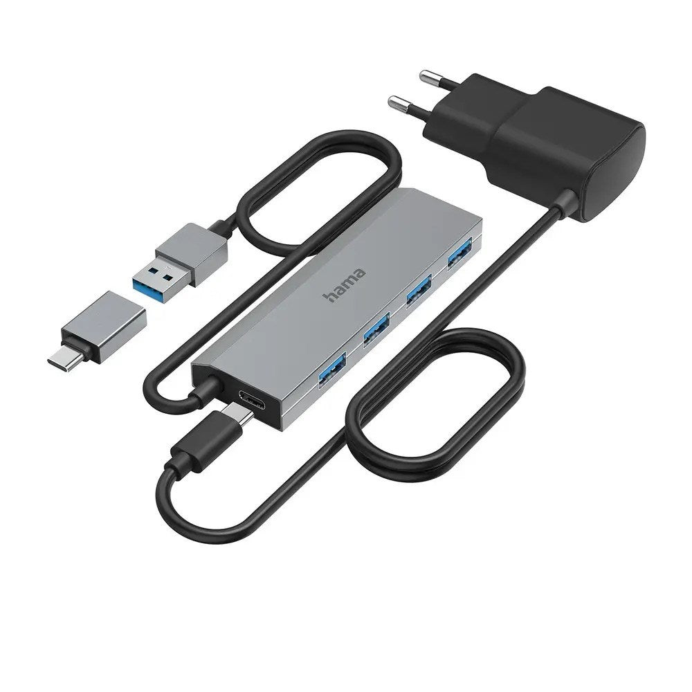 HAMA USB-A Hub m. USB-C Adapter - Grå