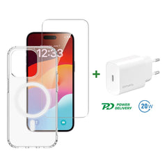iPhone 15 Pro Max 4smarts Premium Starter Set - MagSafe Cover, Skærmbeskyttelse & 20W Vægoplader - Gennemsigtig / Hvid