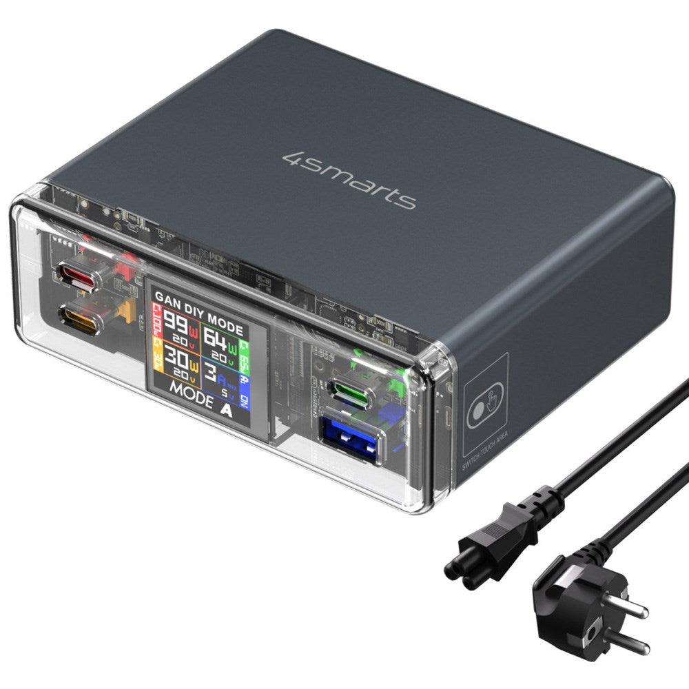 4smarts Lucid GaN DIY Mode Bordoplader - 210W / 3x USB-C & 1x USB-A - Grå