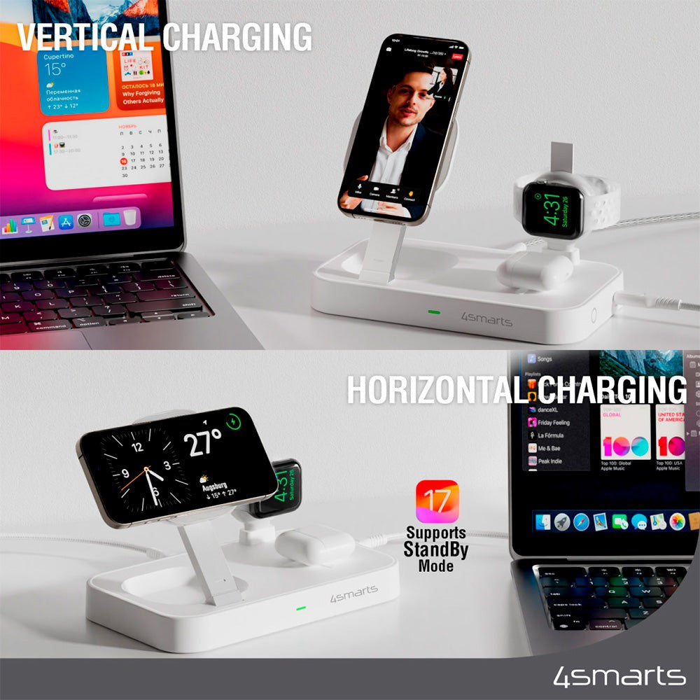 4smarts Qi2 Magnetisk Trådløs Oplader 15W m. Apple Watch Stick  - MagSafe Kompatibel - Hvid