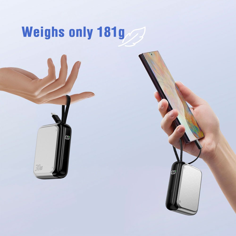 4smarts 10.000mAh Pocket Powerbank m. Integreret USB-C Kabel 30W - Sølv