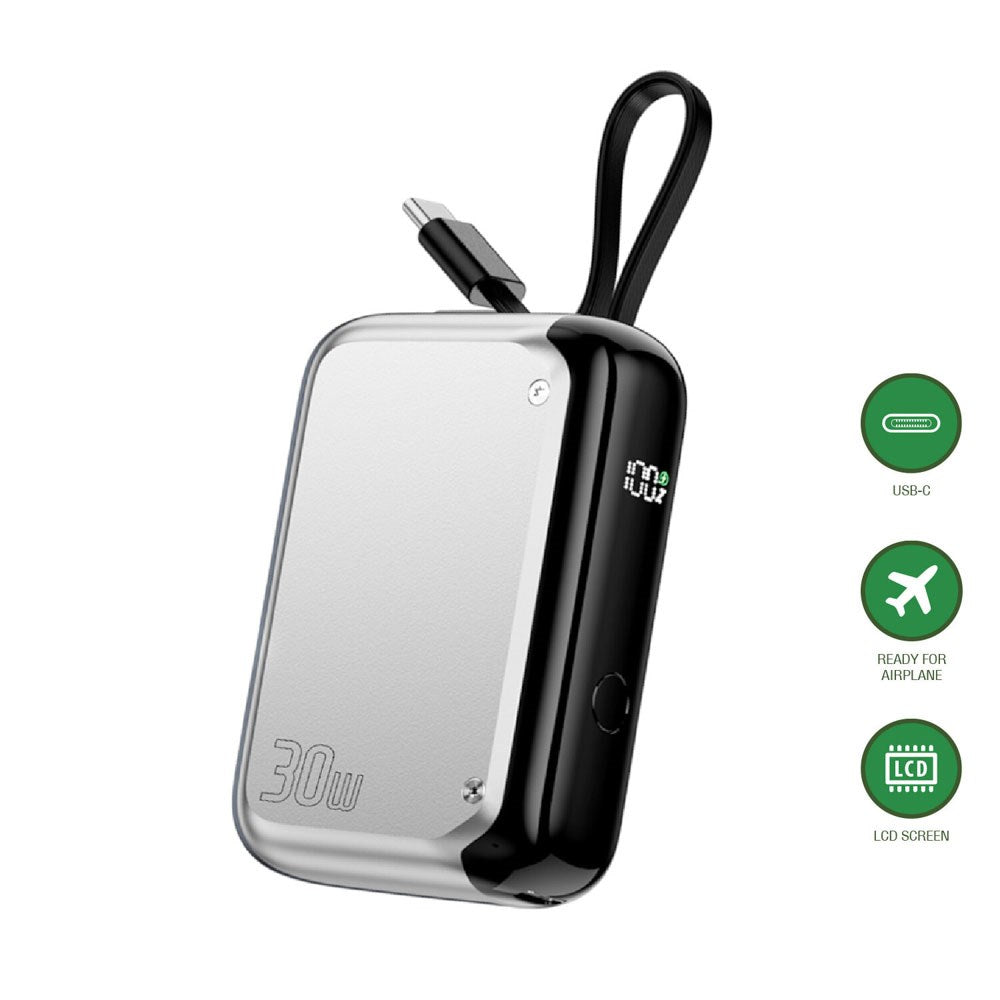 4smarts 10.000mAh Pocket Powerbank m. Integreret USB-C Kabel 30W - Sølv