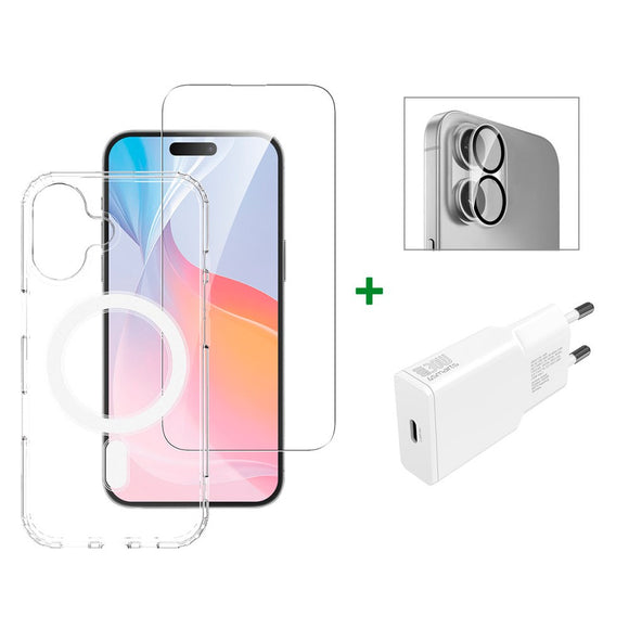 iPhone 16 4smarts Premium Starter Set - MagSafe Cover, Beskyttelse til Skærm og Kameralinse & 30W Vægoplader - Gennemsigtig / Hvid