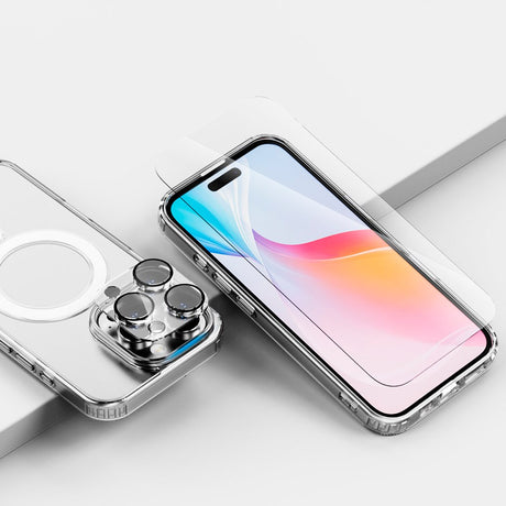 iPhone 16 Pro 4smarts Premium Starter Set - MagSafe Cover, Beskyttelse til Skærm og Kameralinse & 30W Vægoplader - Gennemsigtig / Hvid