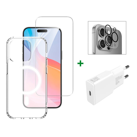 iPhone 16 Pro Max 4smarts Premium Starter Set - MagSafe Cover, Beskyttelse til Skærm og Kameralinse & 30W Vægoplader - Gennemsigtig / Hvid