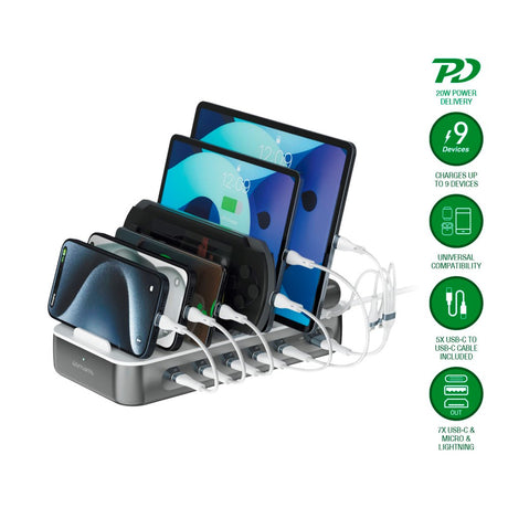 4smarts Ladestation m. 9 Opladningsmuligheder - 5x USB-C Kabel & 1x 4-i-2 Multikabel - 100W - Grå