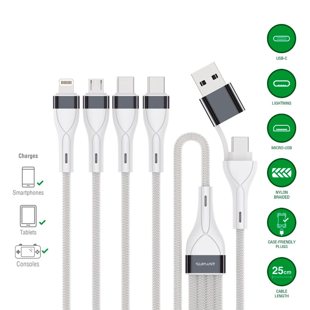 4smarts 4-i-2 Multiopladningskabel - USB-C / USB-A / Lightning / Micro USB - 25cm - Hvid