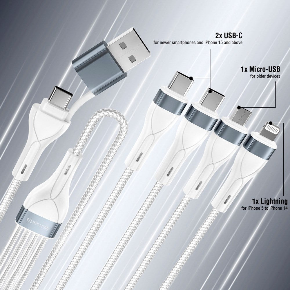 4smarts 4-i-2 Multiopladningskabel - USB-C / USB-A / Lightning / Micro USB - 25cm - Hvid