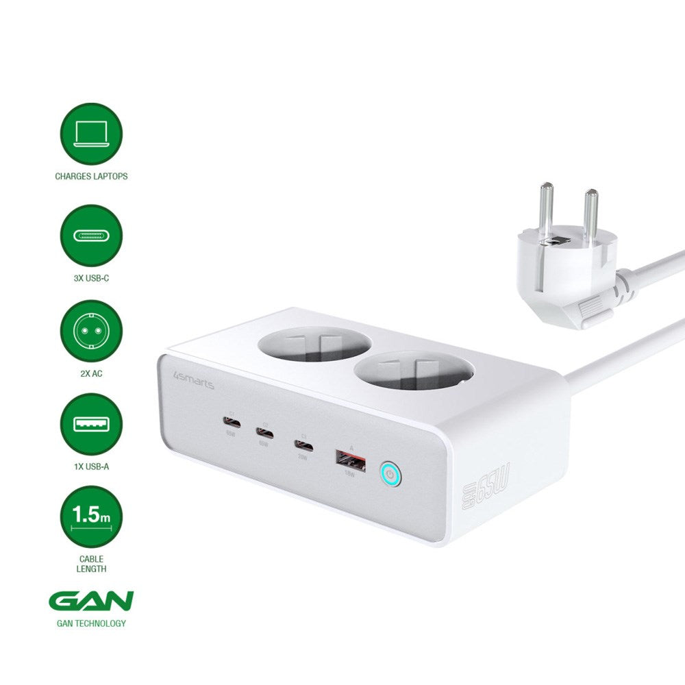 4smarts 6-i-1 Bordoplader - 65W - 2x AC-stik / 3x USB-C / 1x USB-A - Hvid