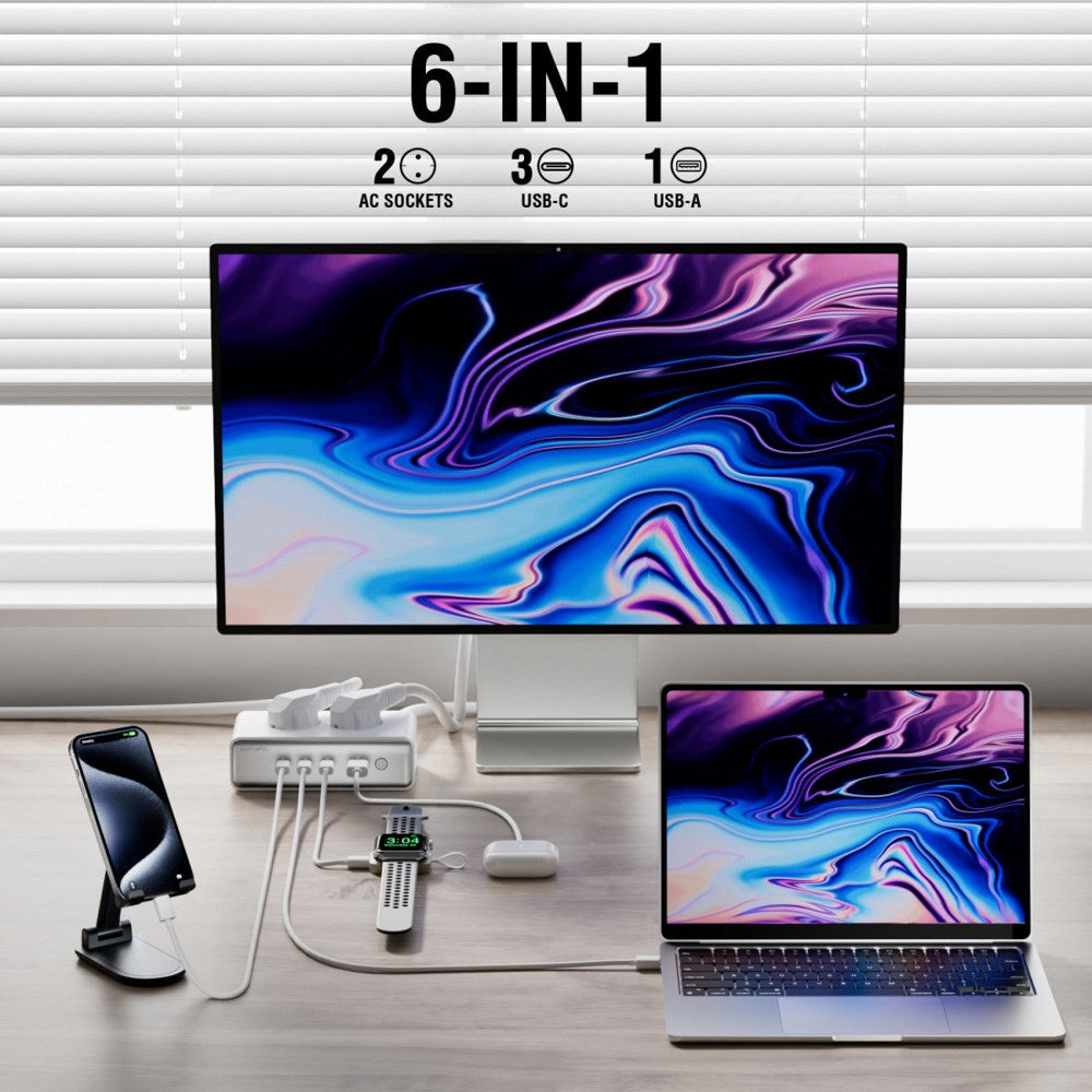 4smarts 6-i-1 Bordoplader - 65W - 2x AC-stik / 3x USB-C / 1x USB-A - Hvid
