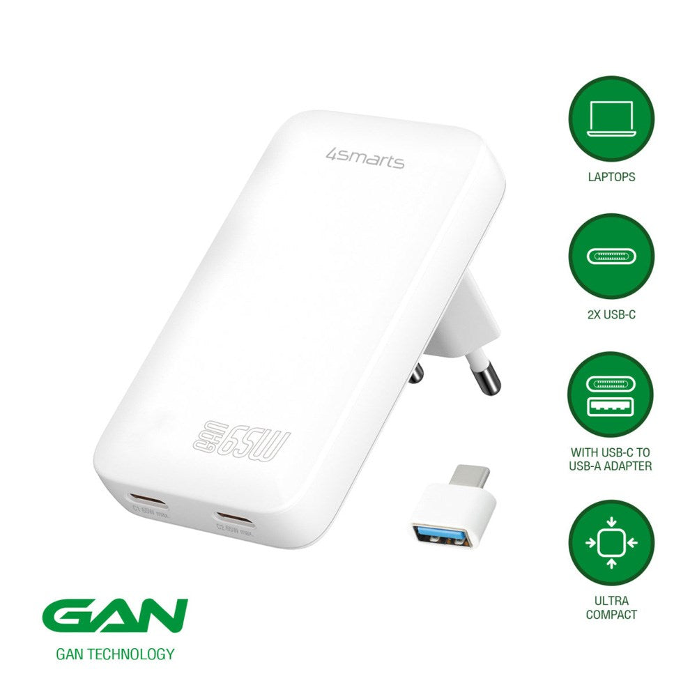 4smarts FlatPlug Slim Dual Vægoplader - 65W / 2x USB-C - Hvid