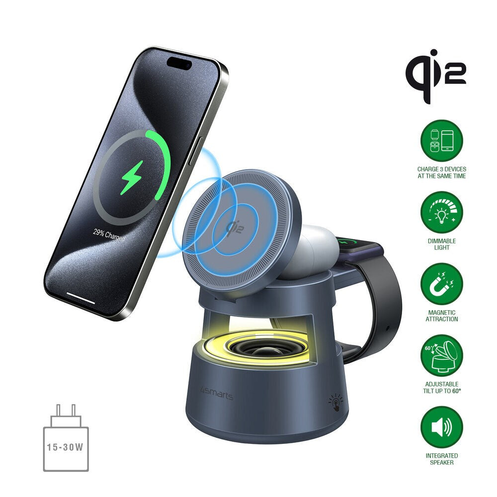 4smarts 3-i-1 Trådløs Oplader m. Indbygget Lys & Bluetooth til Smartphone / Smartwatch / AirPods - MagSafe / Qi2 Kompatibel - Grå