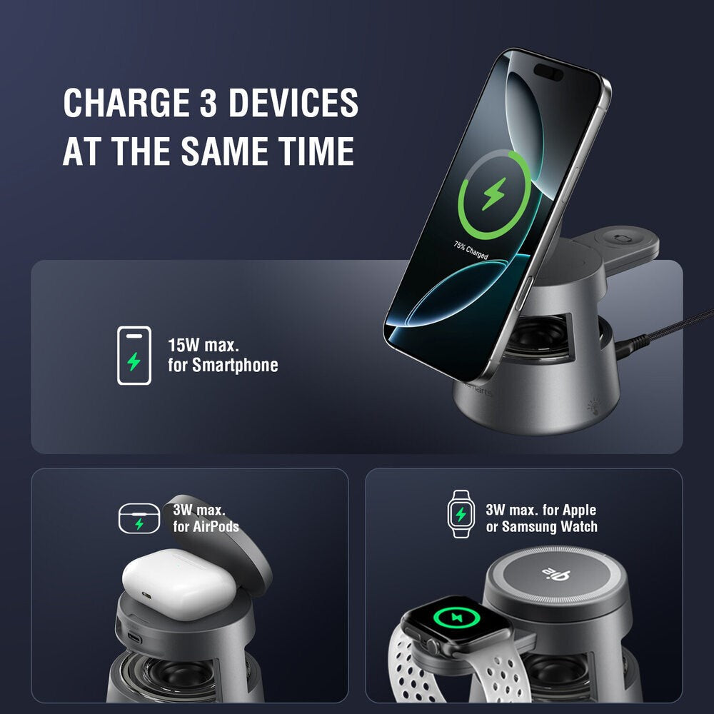 4smarts 3-i-1 Trådløs Oplader m. Indbygget Lys & Bluetooth til Smartphone / Smartwatch / AirPods - MagSafe / Qi2 Kompatibel - Grå
