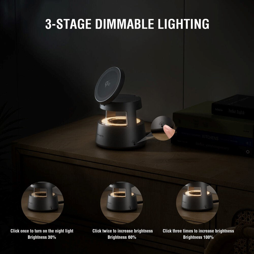 4smarts 3-i-1 Trådløs Oplader m. Indbygget Lys & Bluetooth til Smartphone / Smartwatch / AirPods - MagSafe / Qi2 Kompatibel - Grå