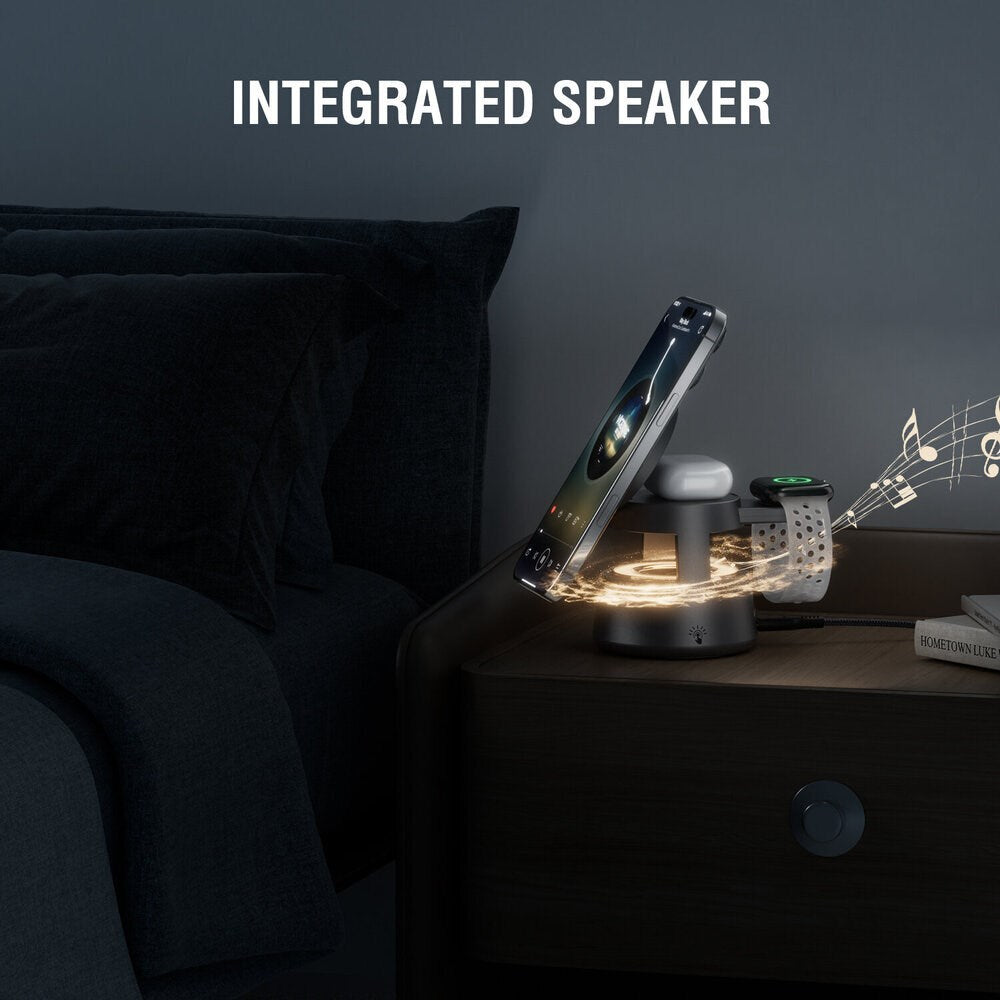 4smarts 3-i-1 Trådløs Oplader m. Indbygget Lys & Bluetooth til Smartphone / Smartwatch / AirPods - MagSafe / Qi2 Kompatibel - Grå