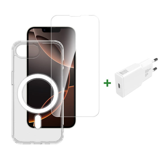 iPhone 17e / 16e 4smarts 3-i-1 Premium Starter Set - MagSafe Cover, Skærmbeskyttelse & 20W Vægoplader - Gennemsigtig / Hvid