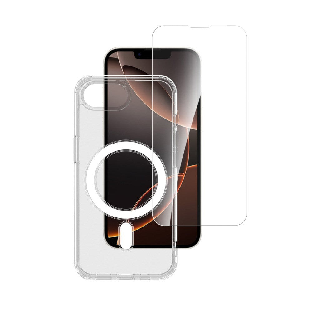 iPhone 17e / 16e 4smarts 3-i-1 Premium Starter Set - MagSafe Cover, Skærmbeskyttelse & 20W Vægoplader - Gennemsigtig / Hvid