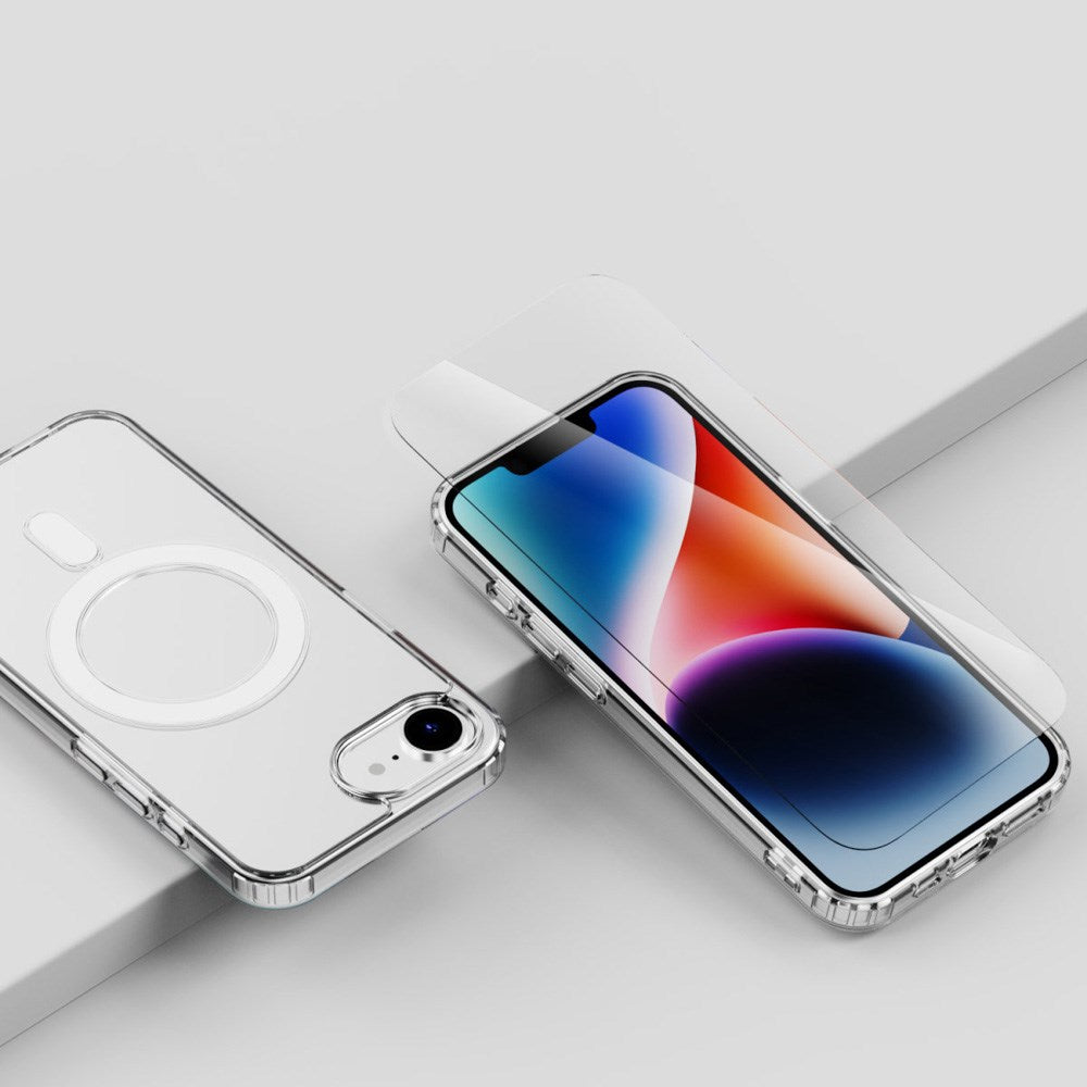 iPhone 17e / 16e 4smarts 3-i-1 Premium Starter Set - MagSafe Cover, Skærmbeskyttelse & 20W Vægoplader - Gennemsigtig / Hvid