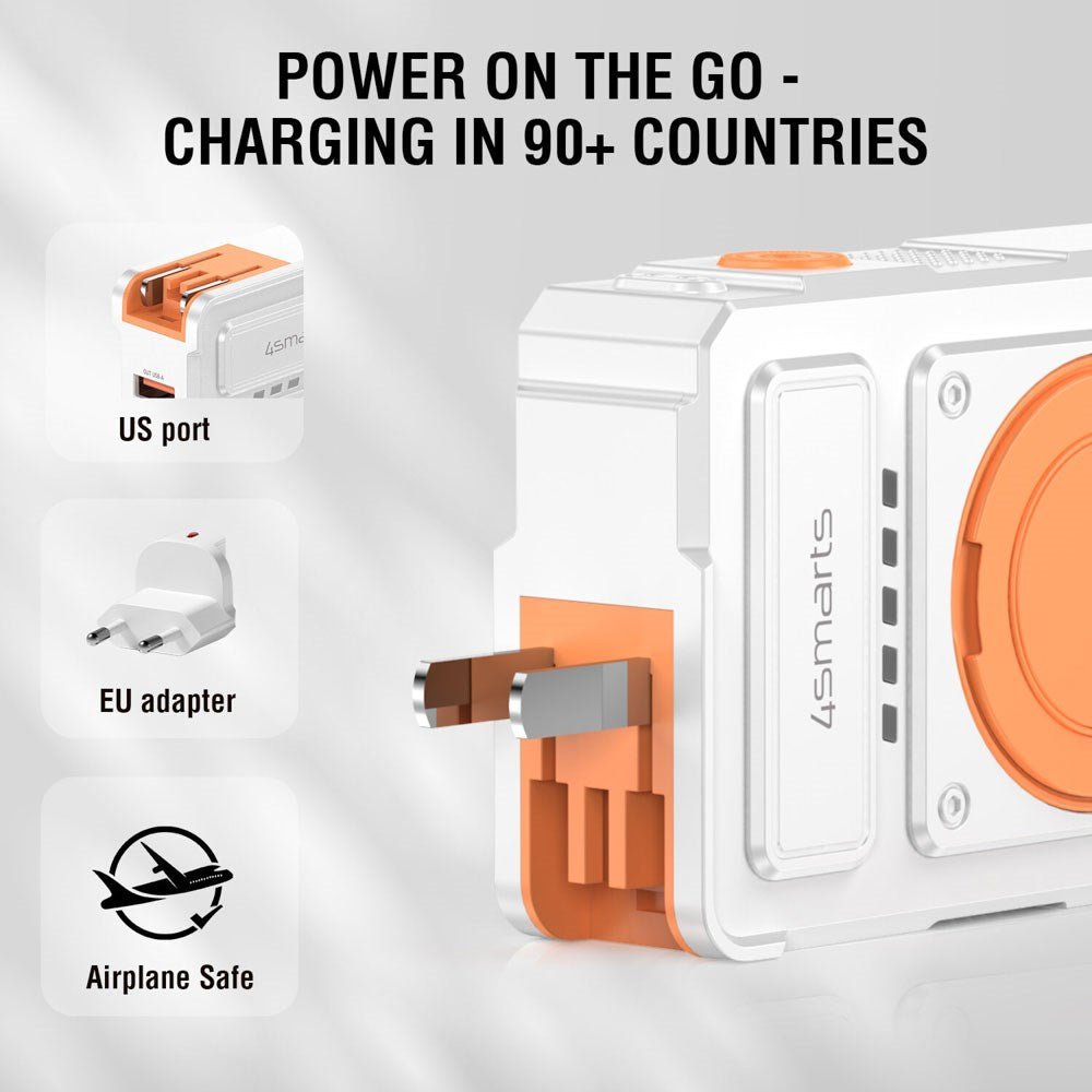 4smarts 6-i-1 10.000mAh Hybrid Powerbank / Trådløs Oplader / Rejseadapter - Hvid / Orange