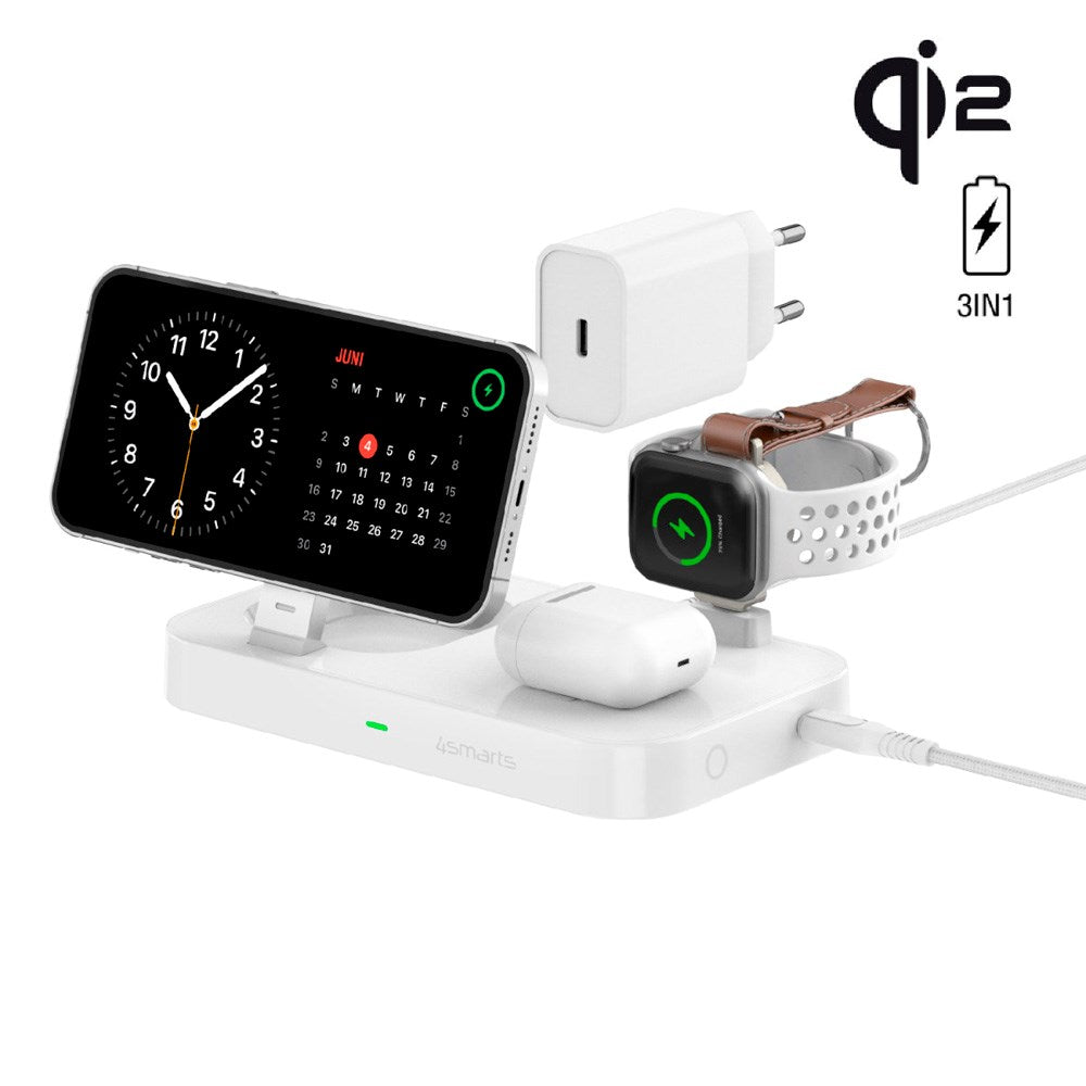 4smarts 3-i-1 Qi2 Trådløs Opladningsstation - MagSafe Kompatibel - Hvid