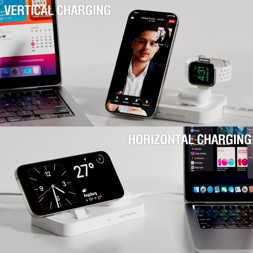 4smarts 3-i-1 Qi2 Trådløs Opladningsstation - MagSafe Kompatibel - Hvid